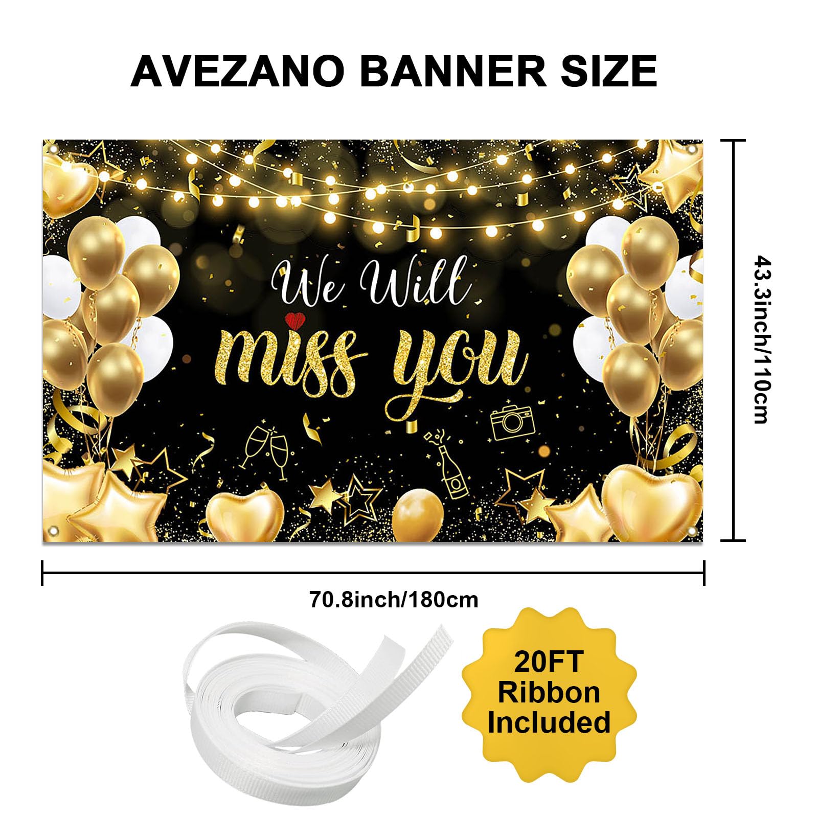 Avezano We Will Miss You Banner Black Gold We Will Miss You Decorations for Farewell Retirement Party Going Away, Graduation, Office, Friends Goodbye Party Decorations Banner 70.8x43.3inch