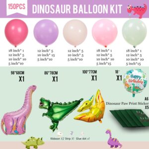 Pink Dinosaur balloon garland kit 150pcs Pastel Pink green Purple balloon and Foil Dinosaur balloon & footprint sticker for Girl Dino theme birthday Baby Shower decorations