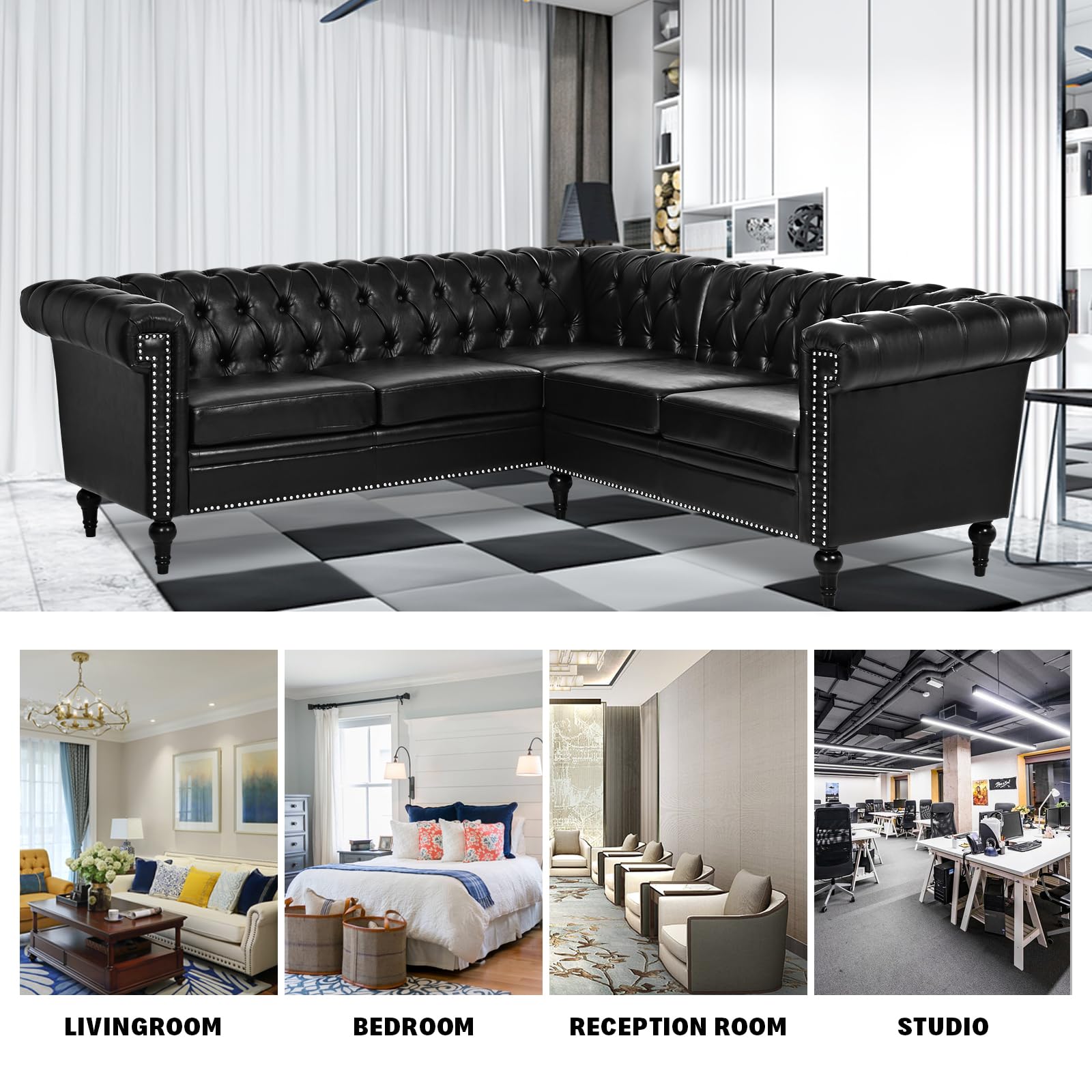 Vaztrlus Chesterfield L-Shaped Faux Leather Sectional Sofa， Modern, Large Corner Couch for Living Room with Modular Button Design. Five-Seater Sofas (Black