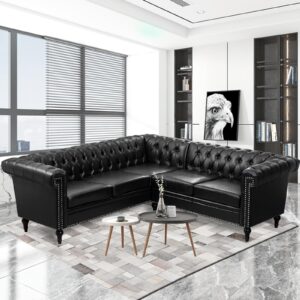 vaztrlus chesterfield l-shaped faux leather sectional sofa， modern, large corner couch for living room with modular button design. five-seater sofas (black