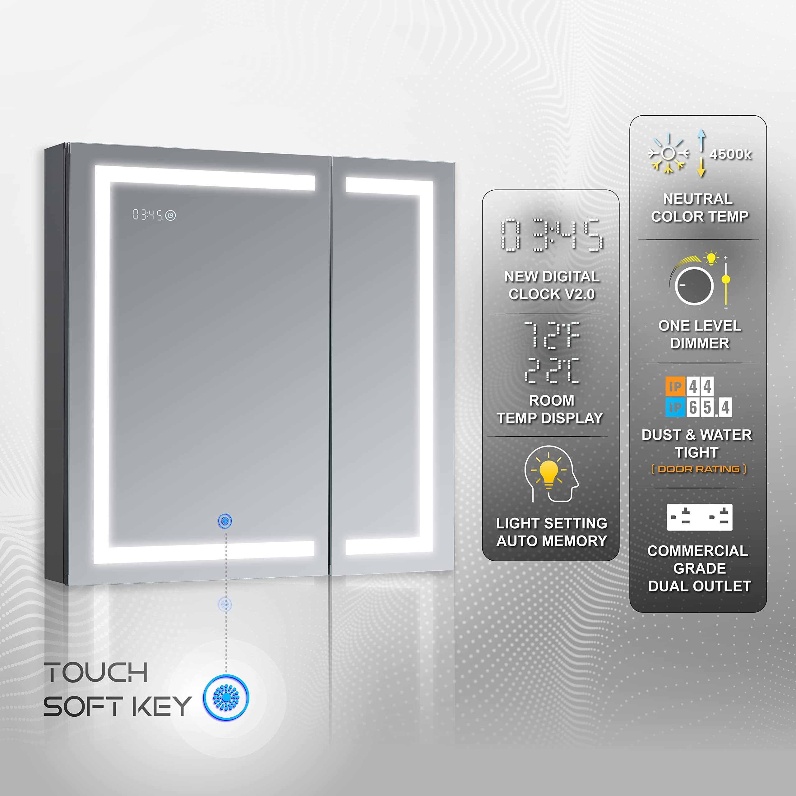 DECADOM LED Mirror Medicine Cabinet Recessed or Surface, Dimmer, Clock, Room Temp Display, Dual Outlets (Duna 30x32)