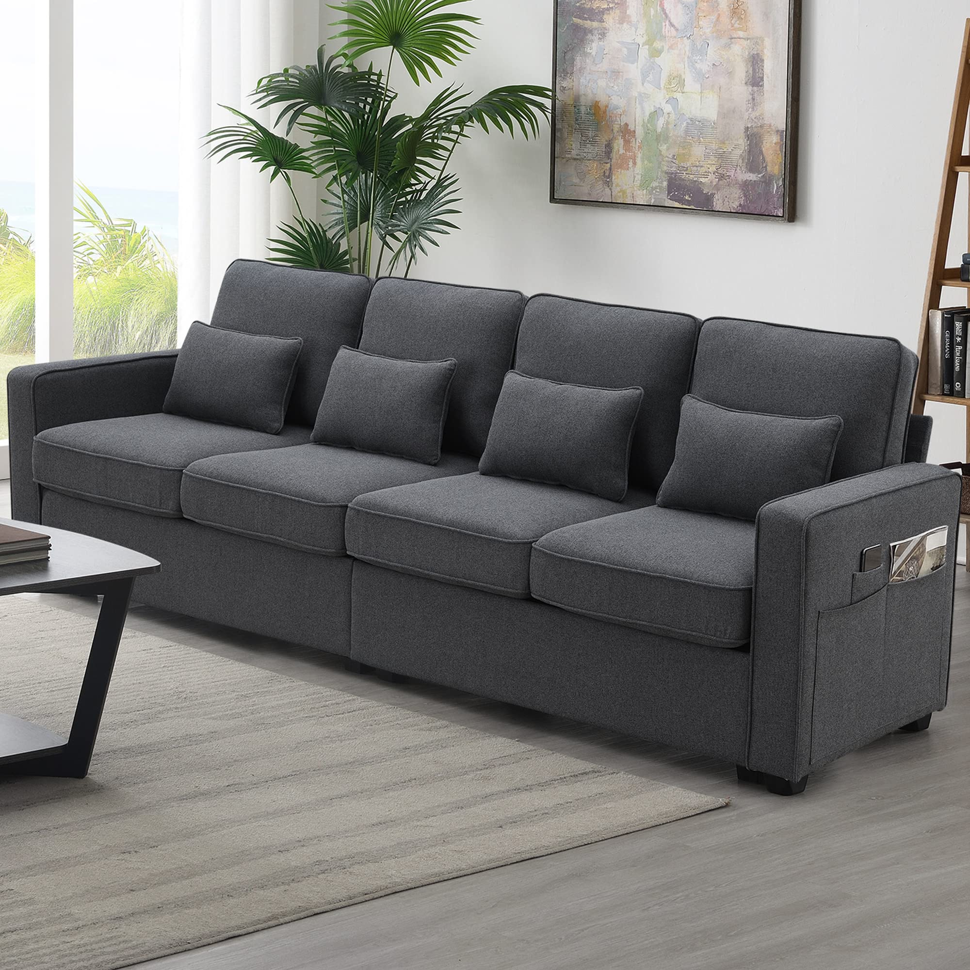 P PURLOVE Modern 4 Seater Sofa with Sturdy Plastic Legs, Modern Linen Fabric Sofa with Armrest Pockets and 4 Pillows, Minimalist Style Couch for Living Room, Apartment, Office (Dark Grey)