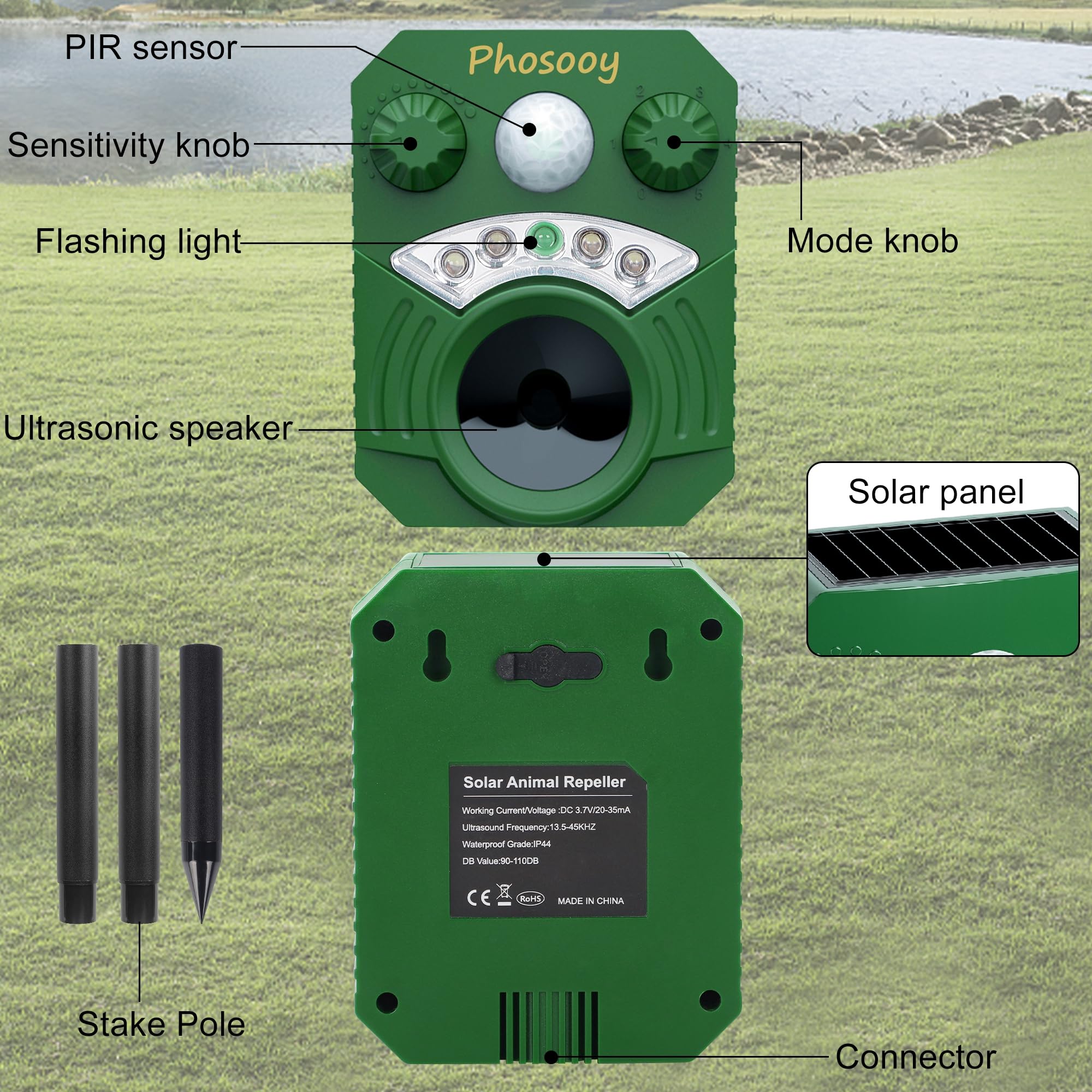 Phosooy 2 Packs Solar Ultrasonic Animal Repeller, Waterproof Mode-Adjustable Animal Deterrent Device with Flashing Strobe Lights to Repel Cats, Dogs, Squirrel, Rats, Skunks, Raccoons and Deer