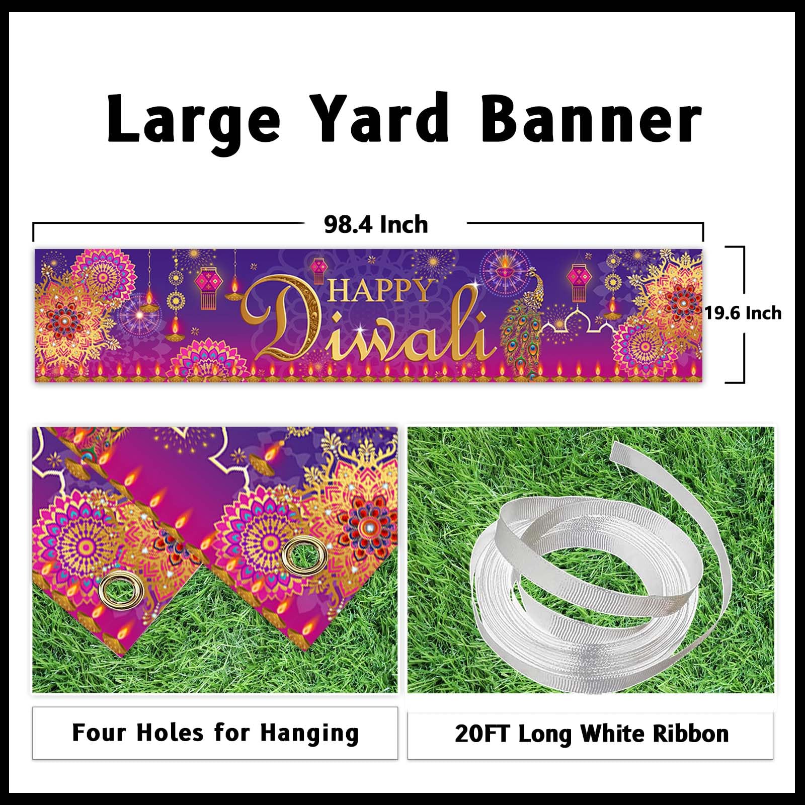 Avezano Large Happy Diwali Banner 98.4 x19.6 Inch Indian Festival of Light Diwali Yard Sign Banners Deepavali Diwali Party Decorations Garden Outdoor Photo Booth Backdrop