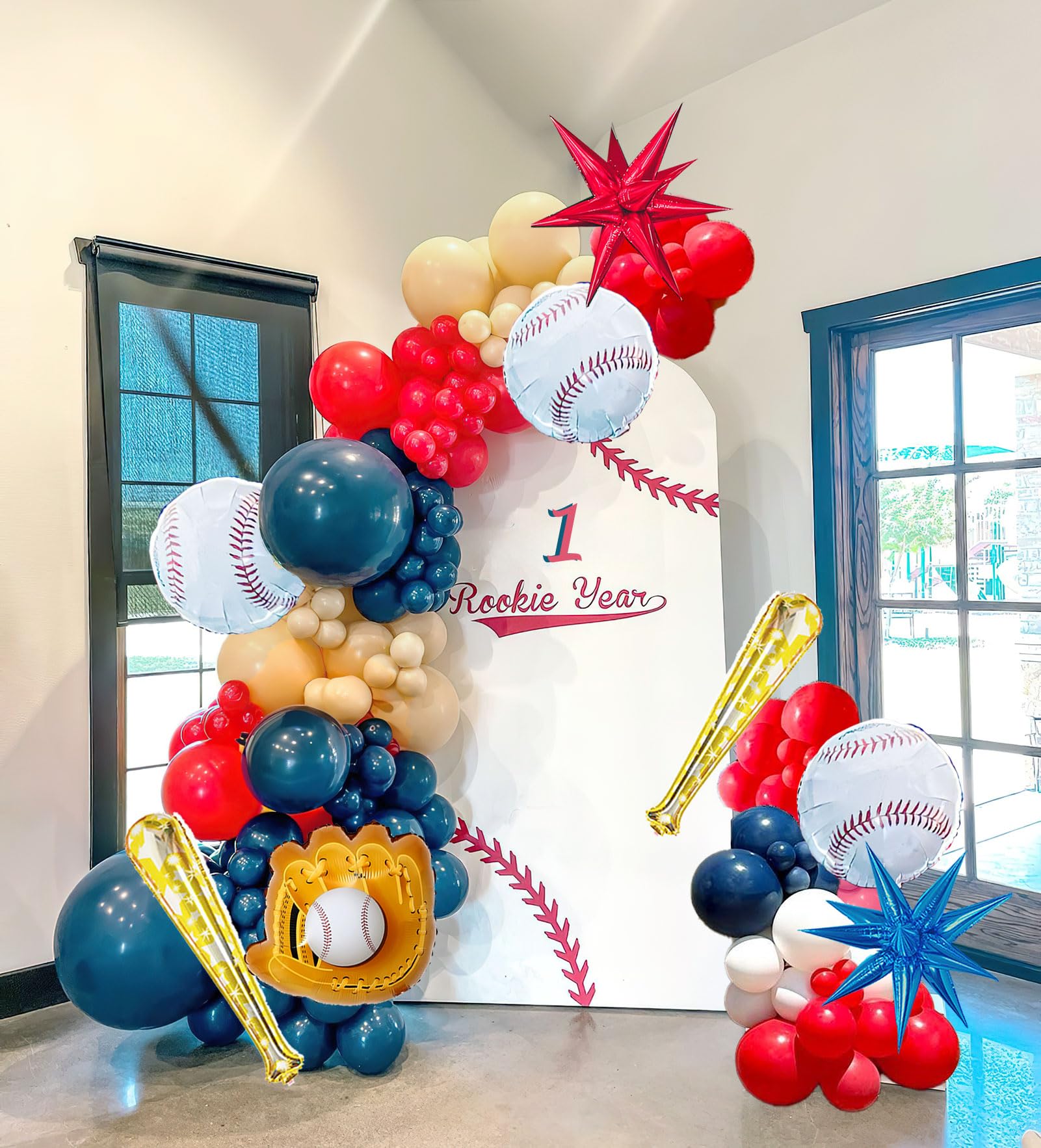 Baseball Theme Balloon Garland Arch Kit 126Pcs navy blue red black white and almond with foil star balloons for Sports rookie year 1st birthday party baseball baby shower supplies decorations