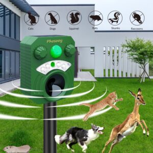 Phosooy 2 Packs Solar Ultrasonic Animal Repeller, Waterproof Mode-Adjustable Animal Deterrent Device with Flashing Strobe Lights to Repel Cats, Dogs, Squirrel, Rats, Skunks, Raccoons and Deer