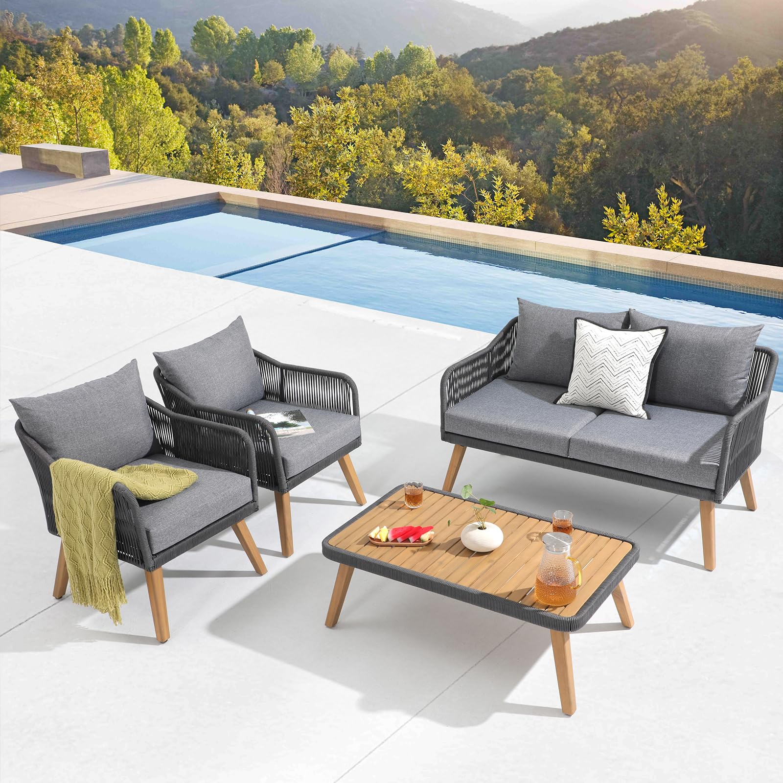 Patiorama 4 Piece Patio Furniture Set, Outdoor FSC Certified Acacia Wood Conversation Set, All-Weather Rope Sofa Set w/Coffee Table, Loveseat, Modern Deep Seating Set for Lawn Balcony Poolside, Grey