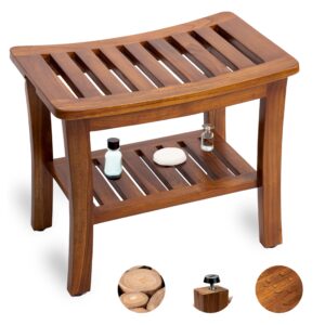 teak shower bench - fully assembled 21 inch shower stool with shelf | water resistant shower benches for inside shower to sit on | shower seat, bathroom bench, spa, garden | adjustable non-slip feet