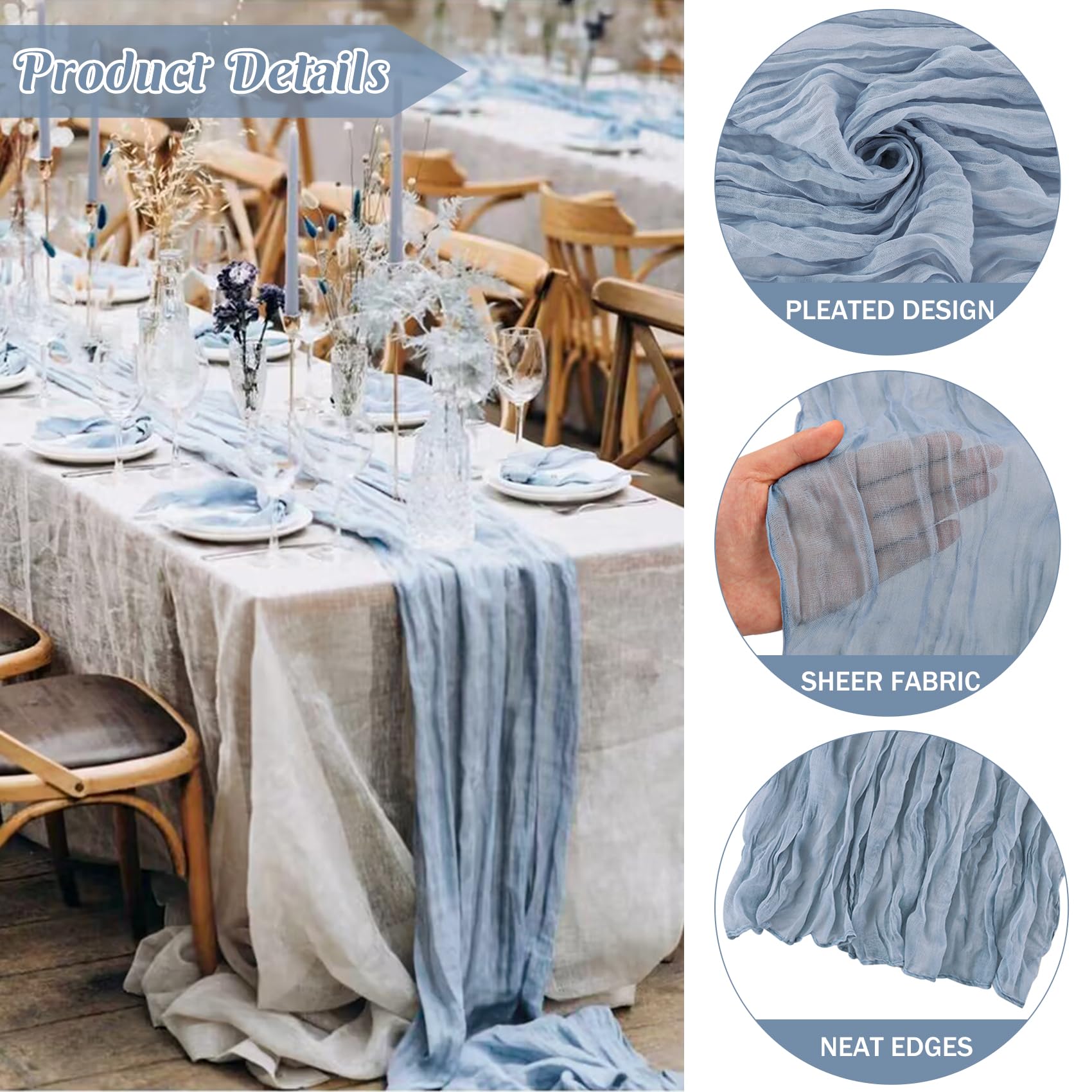 6 Pieces Dusty Blue 10FT Cheesecloth Table Runner Boho Gauze Fabric Table Runner Rustic Sheer Runner for Wedding Birthday Baby Shower Party Boho Table Decoration（Dusty Blue）