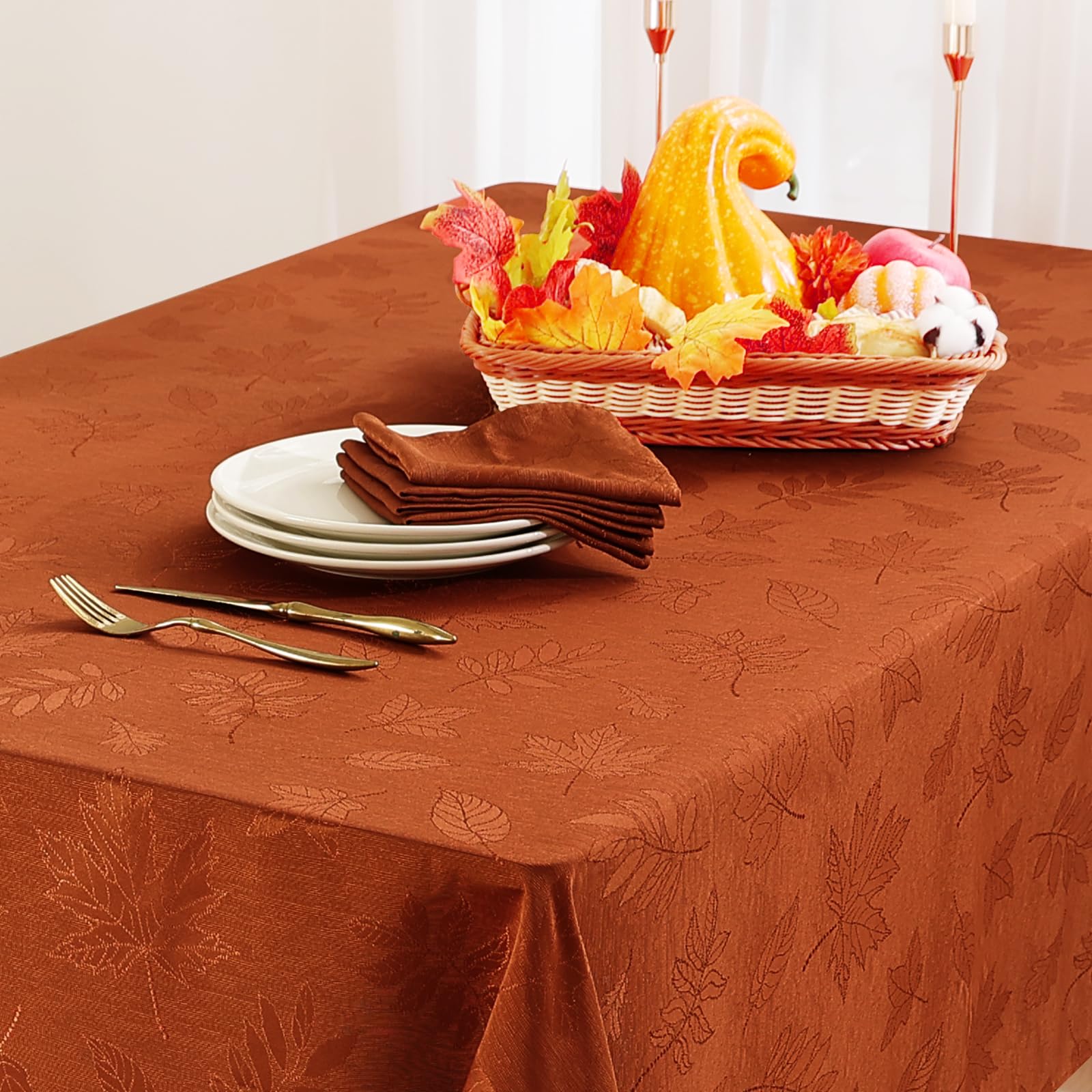 Smiry Thanksgiving Tablecloth 60x84 Inch, Fall Waterproof Damask Table Cloth for Rectangle Table, Autumn Leaves Fabric Jacquard Table Covers for Harvest Parties, and Holiday Dinner, Rust