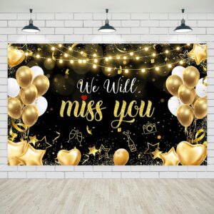 avezano we will miss you banner black gold we will miss you decorations for farewell retirement party going away, graduation, office, friends goodbye party decorations banner 70.8x43.3inch