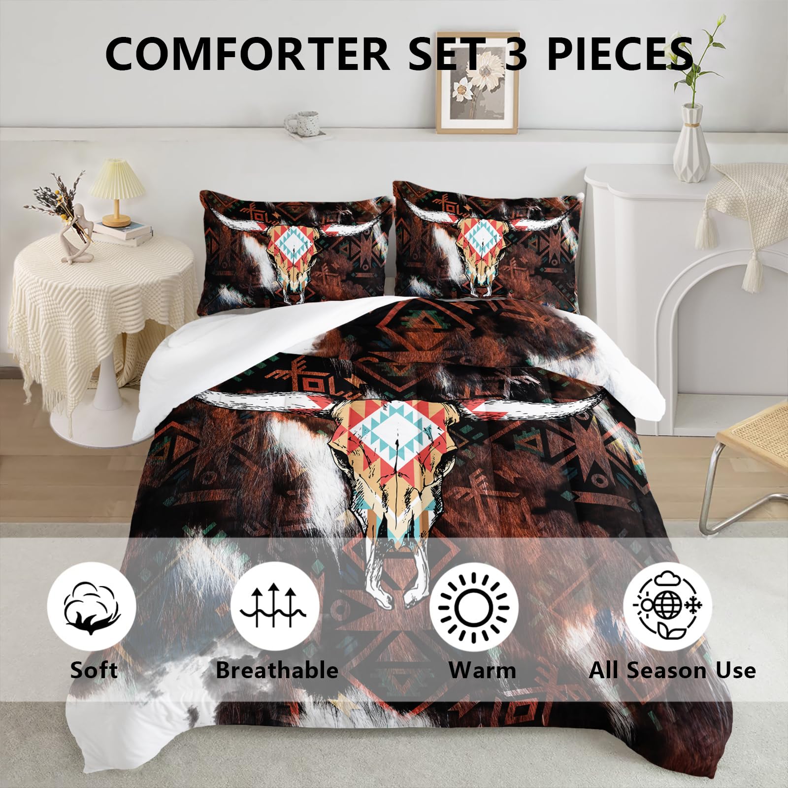 Axolotl Western Boho Bedding Set Queen,Highland Cow Comforter Southwestern Bedding Set,Boho Aztec Comforter Set Western Bedding Set,Cow Print Comforter for Kids Teens Adults,1 Quilt 2 Pillowcases