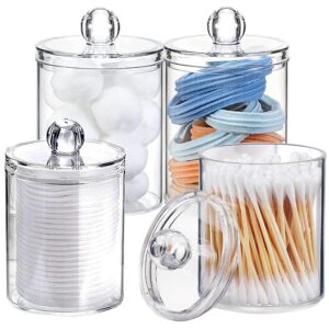 4 pack qtip holder dispenser for cotton ball, cotton swab, cottom round pads, floss picks - 10 oz clear plastic apothecary jar set for bathroom, vanity makeup organizer, cnister storage organization