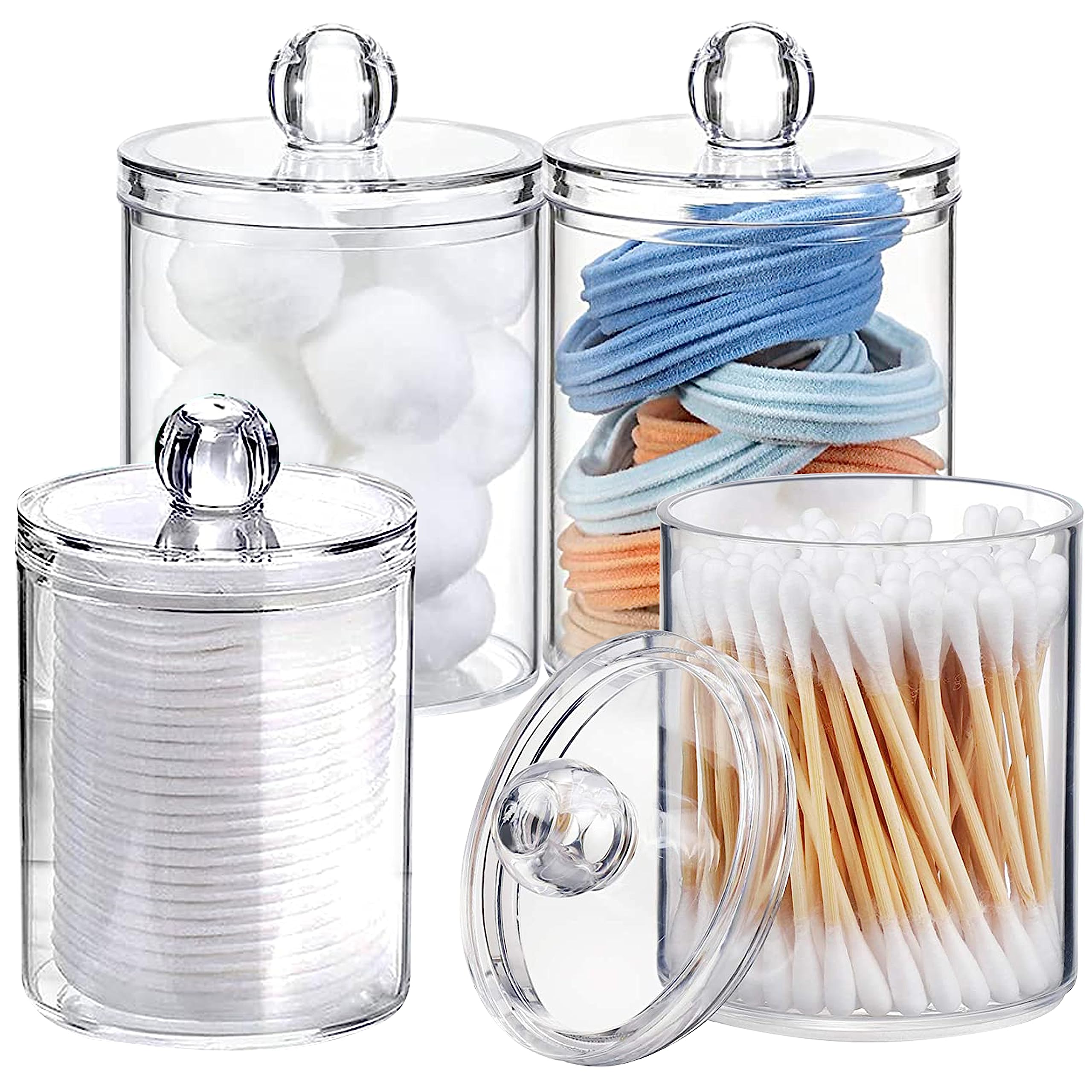 4 PACK Qtip Holder Dispenser For Cotton Ball, Cotton Swab, Cottom Round Pads, Floss Picks - 10 oz Clear Plastic Apothecary Jar Set For Bathroom, Vanity Makeup Organizer, Cnister Storage Organization