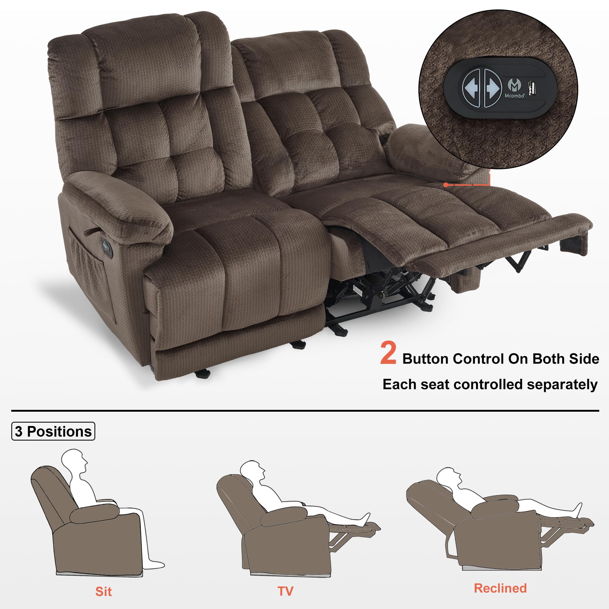 MCombo 58.7" Power Loveseat Recliner, Electric Reclining Loveseat Sofa with Heat and Massage, USB Charge Port for Living Room 6237 (Dark Brown, Loveseat Recliner)