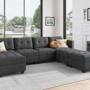 HONBAY Modular Sectional Sofa Oversized U Shaped Couch with Storage Seat Velvet 7 Seater Modular Sofa with Reversible Chaises, Bluish Grey