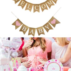 Shimmer Anna Shine Welcome Baby Burlap Banner for Baby Shower Decorations and Gender Reveal Party (Light Pink Hearts)