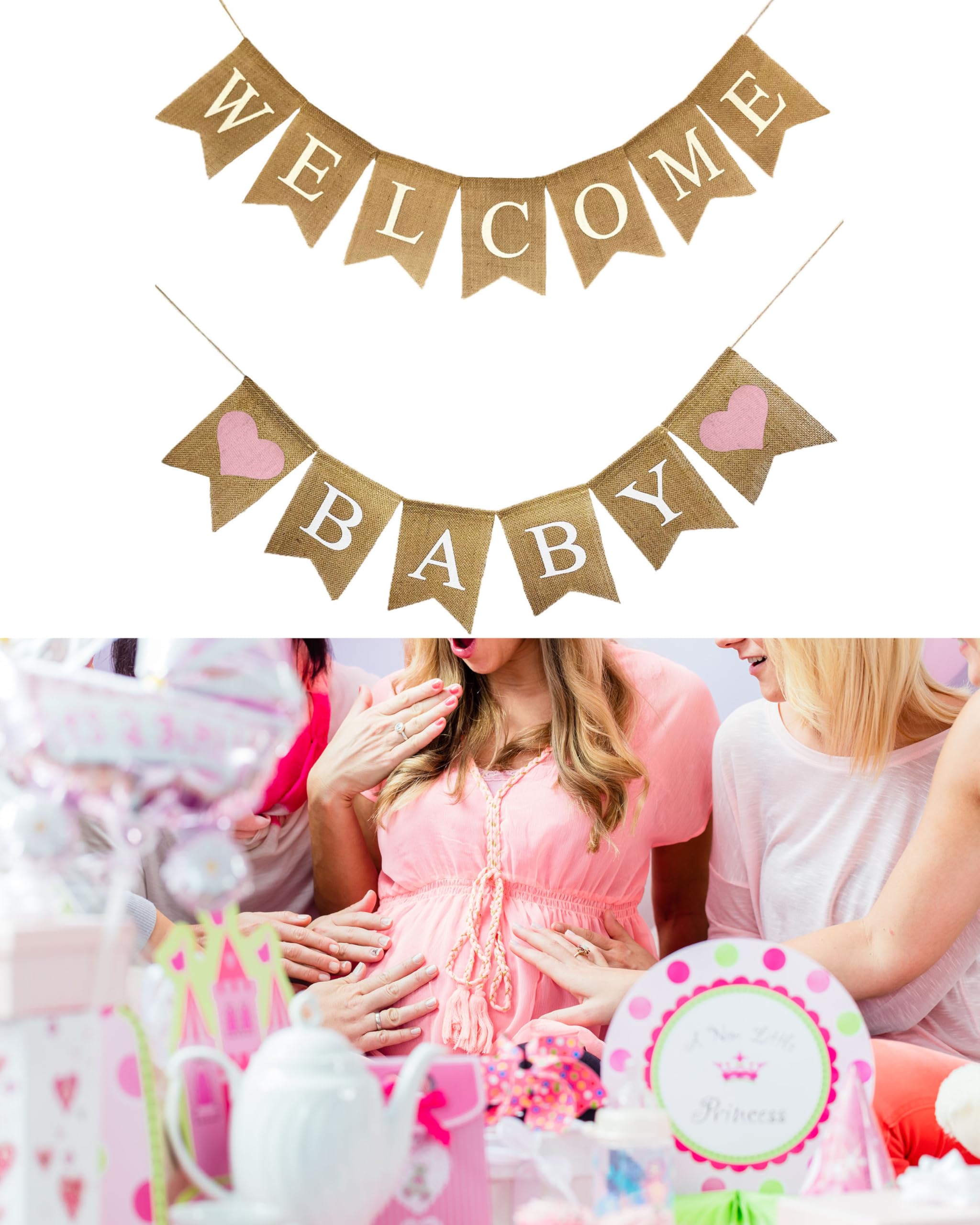 Shimmer Anna Shine Welcome Baby Burlap Banner for Baby Shower Decorations and Gender Reveal Party (Light Pink Hearts)