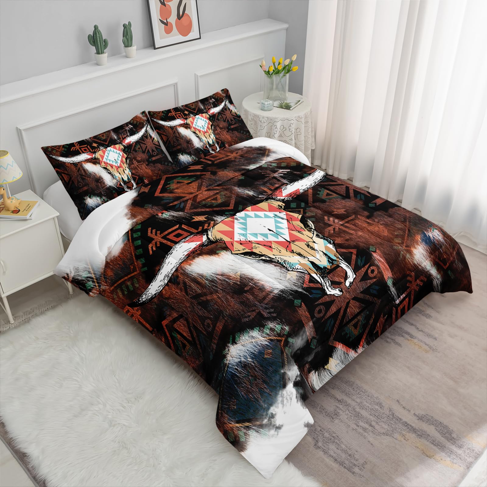 Axolotl Western Boho Bedding Set Queen,Highland Cow Comforter Southwestern Bedding Set,Boho Aztec Comforter Set Western Bedding Set,Cow Print Comforter for Kids Teens Adults,1 Quilt 2 Pillowcases