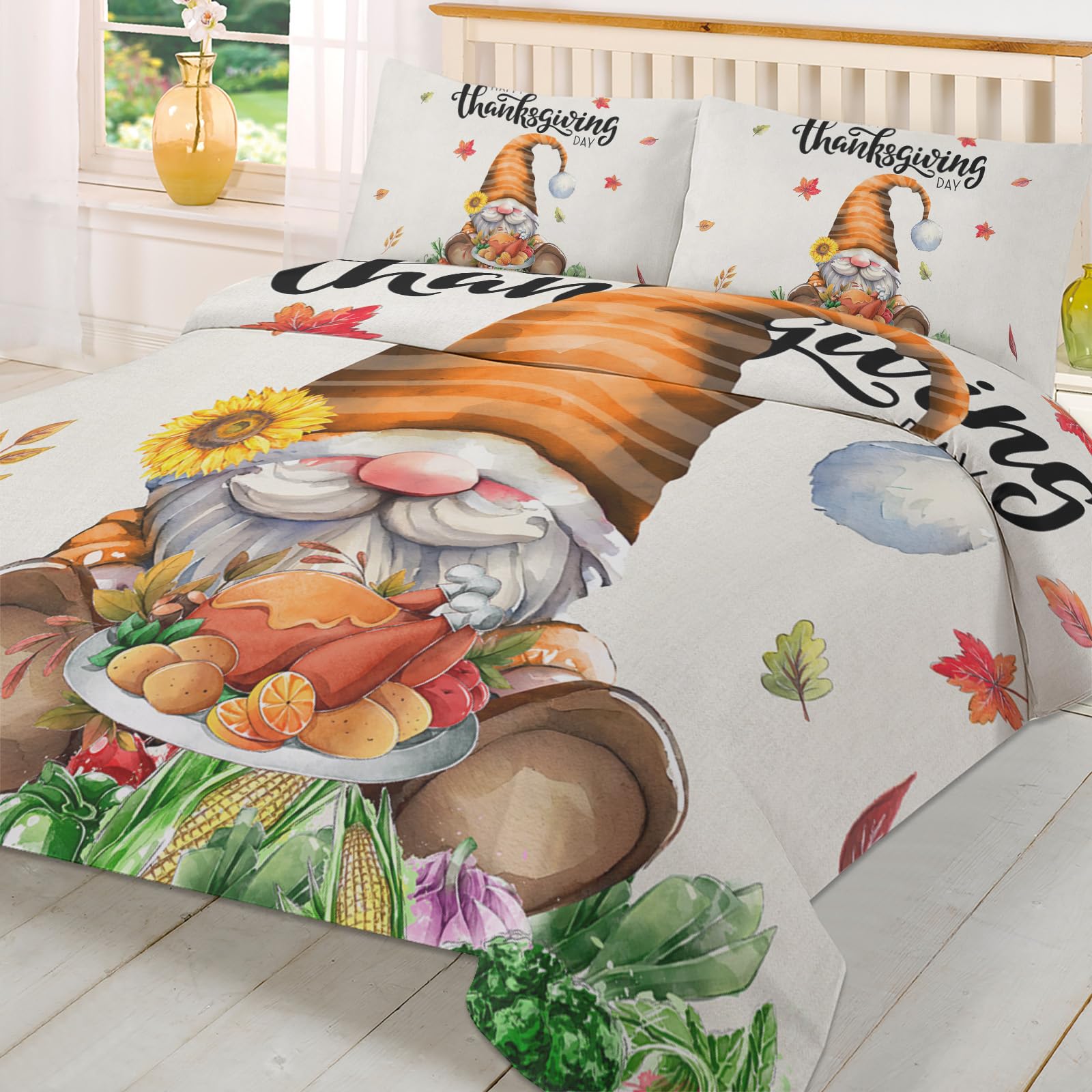 Thanksgiving Turkey Day 3 Pieces Duvet Cover Set, Washed Microfiber Bed Comforter Duvet Cover Cal King with 2 Pillowcases, Zipper & Ties Quilt Duvet+Cover Fall Gnomes Harvest Acorn Sunflower