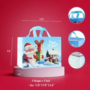 16PCS Christmas Gift Bags,Christmas Tote Bags with Handles, Christmas Treat Bags, Multifunctional Non-Woven Christmas Bags for Gifts Wrapping Shopping, Xmas Party Supplies, 13"×9.8"×6.6"