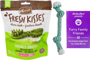 merrick fresh kisses oral care chews dental dog treats with coconut - small snacks for pups 15-25 lbs (9 count) - plus rope toy and fun animal facts booklet bundle