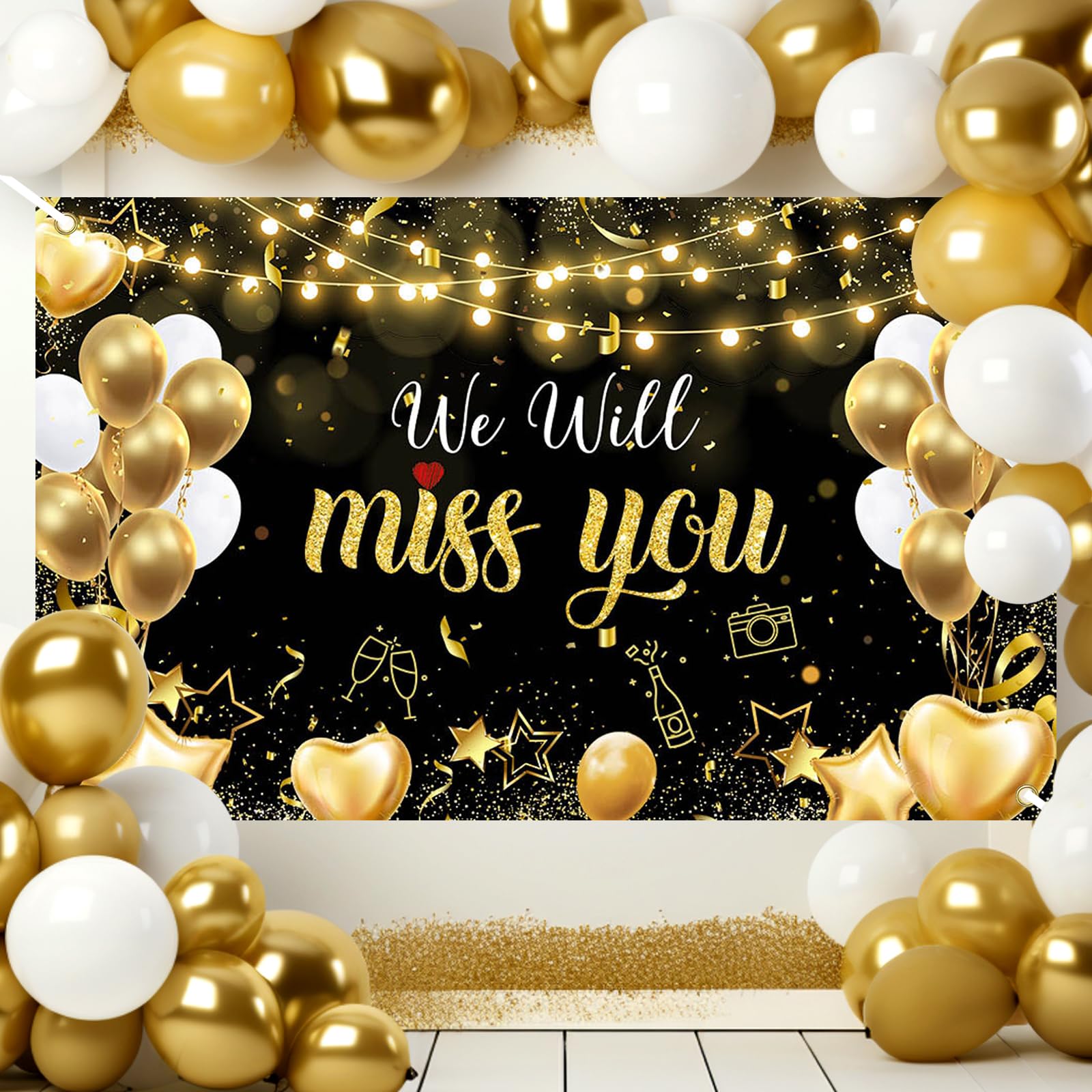 Avezano We Will Miss You Banner Black Gold We Will Miss You Decorations for Farewell Retirement Party Going Away, Graduation, Office, Friends Goodbye Party Decorations Banner 70.8x43.3inch