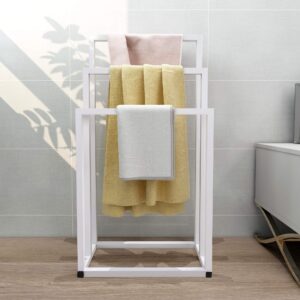 3-tier white metal towel rack 3 bars freestanding towel holder drying shelf stand towel bar storage ladder bathroom accessories organizer bath storage, hand towel, washcloth, kitchen cloth, white