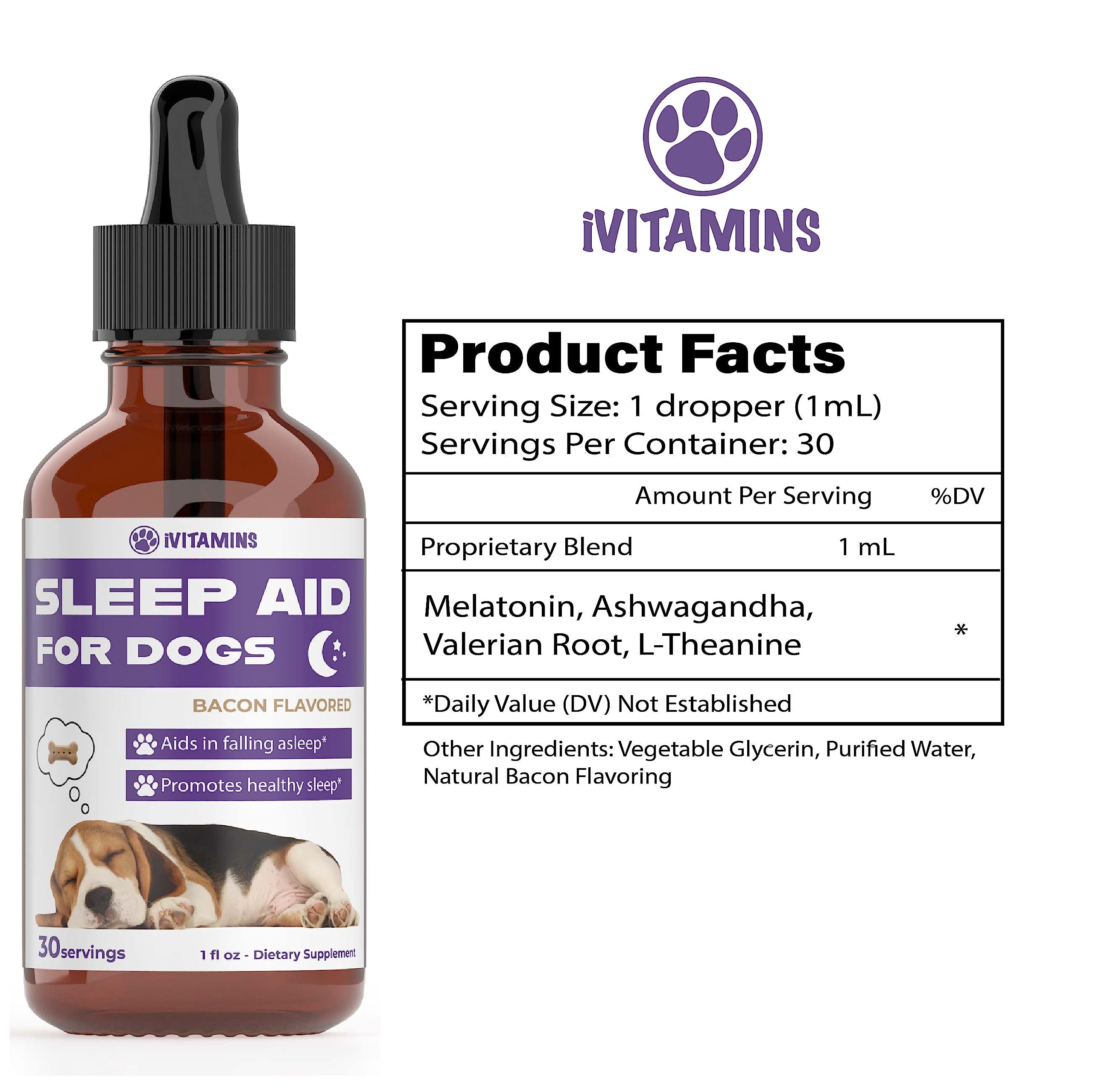 Dog Sleep Aid | Sleep Aid for Dogs | Promotes Healthy, Restful Sleep in Dogs | Melatonin for Dogs | | Dog Calming | Calming for Dogs | Dog Melatonin | Dog Anxiety Relief | 1 fl oz: Bacon Flavor