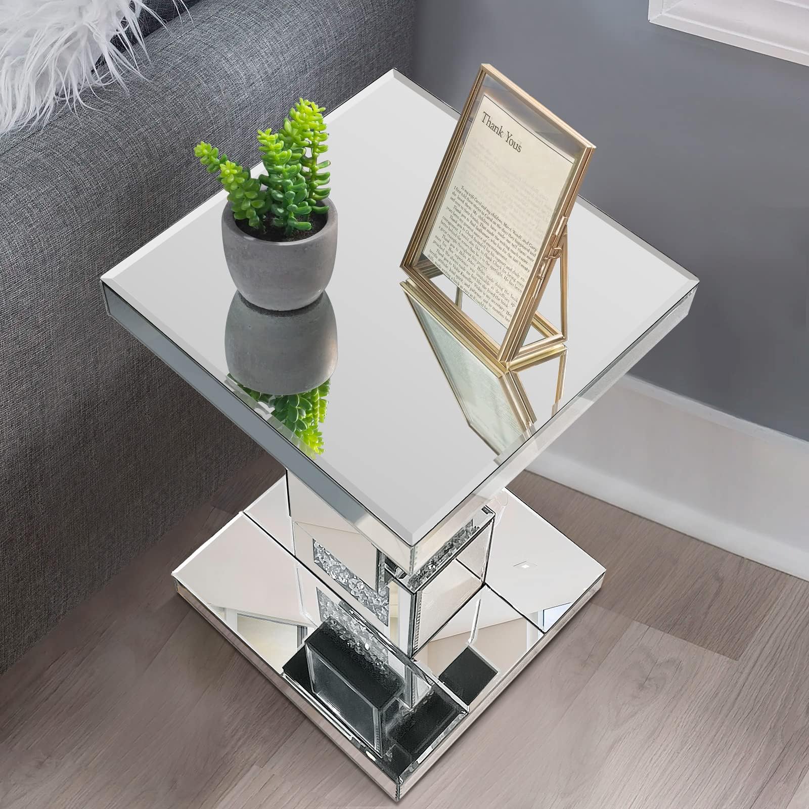 GA Home Silver Mirrored End Table with Crystal Inlay, Modern Mirrored Side Table Accent Table, Square Small Mirrored Coffee Table for Living Room, Bedroom