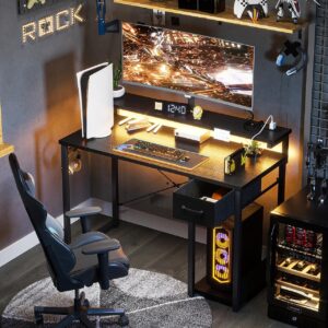 AODK Gaming Desk with LED Lights & Power Outlet, 40 Inch Computer Desk with Drawer, Reversible Desk with Adjustable Monitor Shelf & Headphone Hook for Home Office, Black