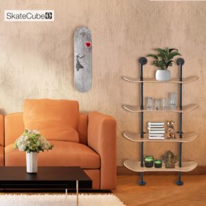 Industrial Shelves - 4 Tier Industrial Decor Pipe Bookcase Using 7 Ply Skateboard Decks - Natural Wood Stain Finish - Perfect Bathroom Wall Decor, Book Shelf for Skateboard Enthusiasts