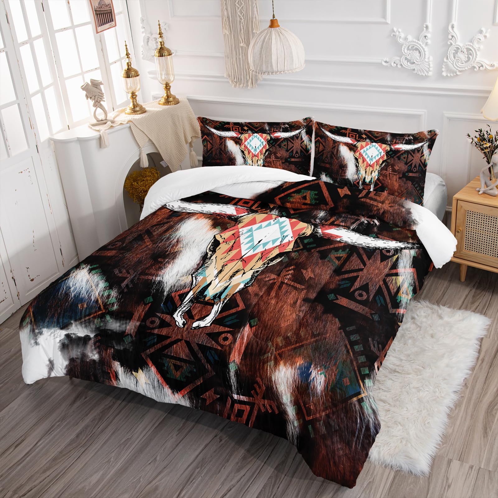 Axolotl Western Boho Bedding Set Queen,Highland Cow Comforter Southwestern Bedding Set,Boho Aztec Comforter Set Western Bedding Set,Cow Print Comforter for Kids Teens Adults,1 Quilt 2 Pillowcases