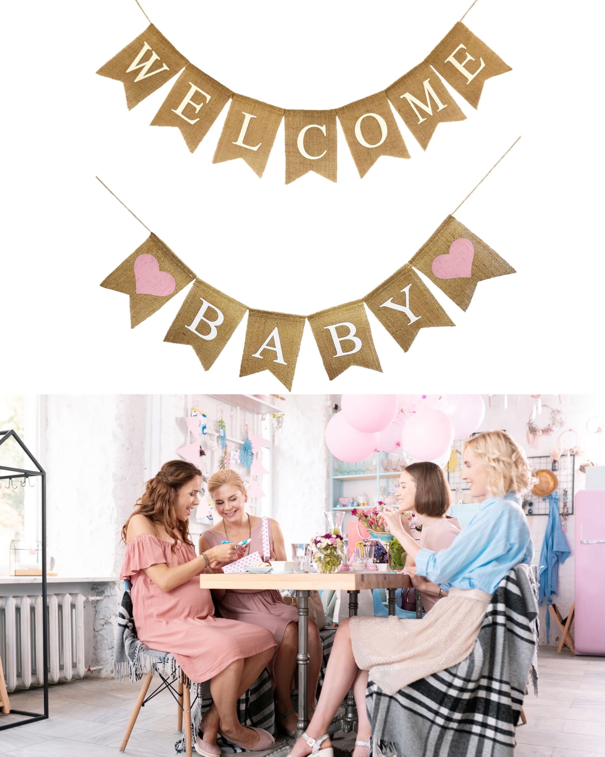 Shimmer Anna Shine Welcome Baby Burlap Banner for Baby Shower Decorations and Gender Reveal Party (Light Pink Hearts)