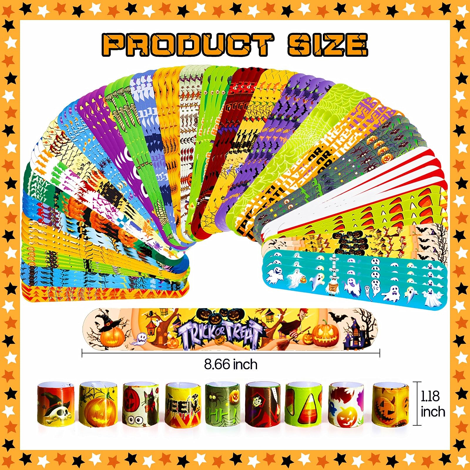 Halloween Slap Bracelets for Kids, 100 Halloween Bracelet Toys Bulk For Kids Girls Boys, Trick or Treat Party Favors, Exchanging Gifts, Classroom Prizes, Halloween Party Gift Treat Bag Filler Supply