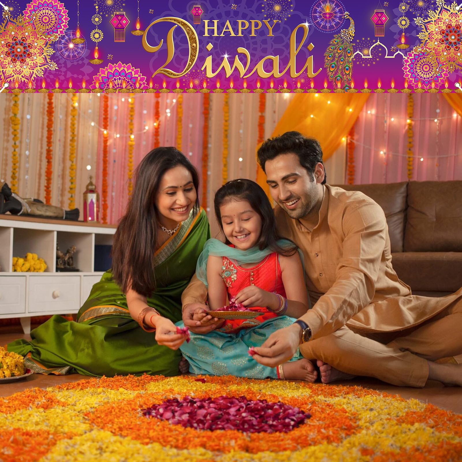 Avezano Large Happy Diwali Banner 98.4 x19.6 Inch Indian Festival of Light Diwali Yard Sign Banners Deepavali Diwali Party Decorations Garden Outdoor Photo Booth Backdrop