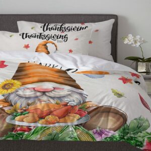 Thanksgiving Turkey Day 3 Pieces Duvet Cover Set, Washed Microfiber Bed Comforter Duvet Cover Cal King with 2 Pillowcases, Zipper & Ties Quilt Duvet+Cover Fall Gnomes Harvest Acorn Sunflower