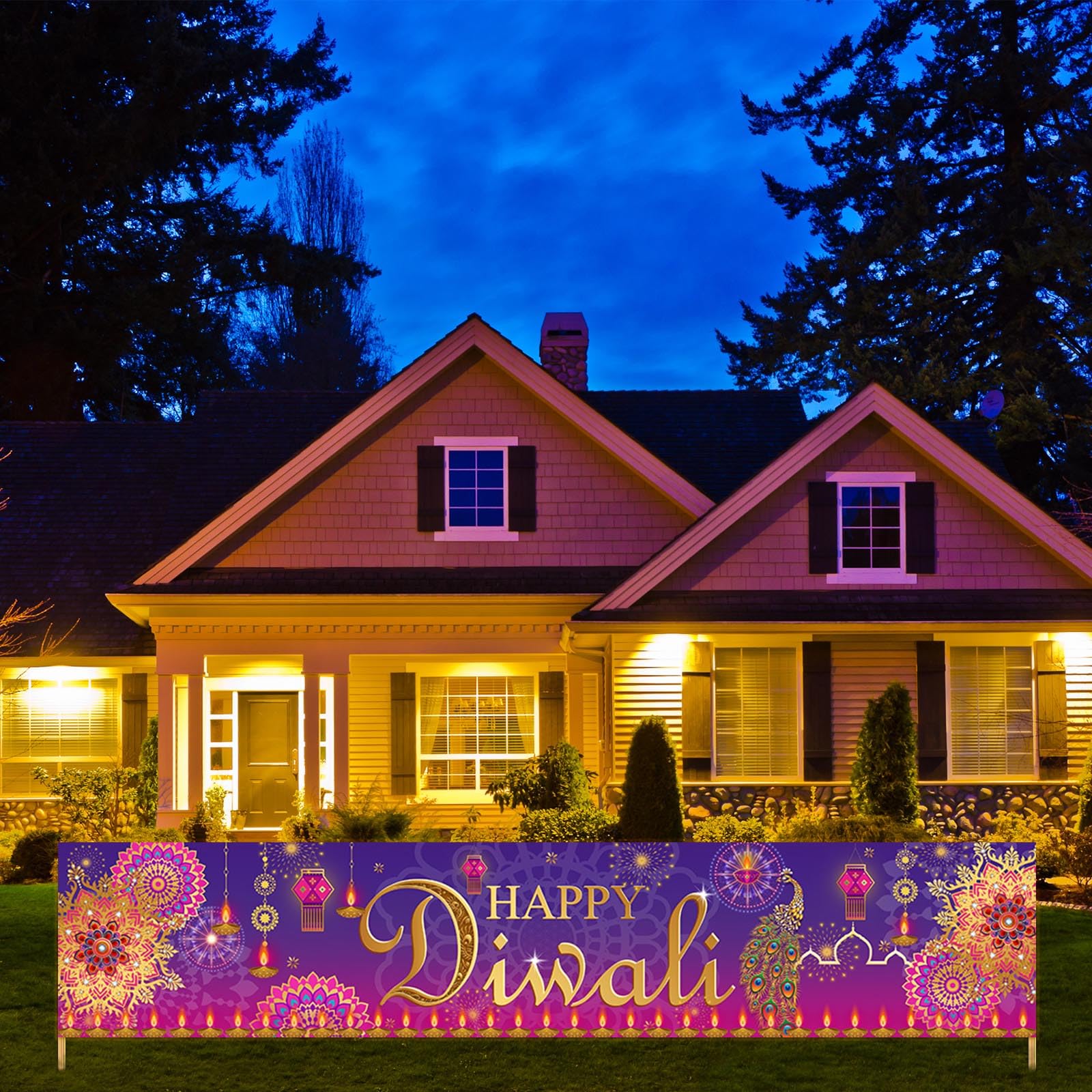 Avezano Large Happy Diwali Banner 98.4 x19.6 Inch Indian Festival of Light Diwali Yard Sign Banners Deepavali Diwali Party Decorations Garden Outdoor Photo Booth Backdrop