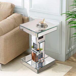 GA Home Silver Mirrored End Table with Crystal Inlay, Modern Mirrored Side Table Accent Table, Square Small Mirrored Coffee Table for Living Room, Bedroom