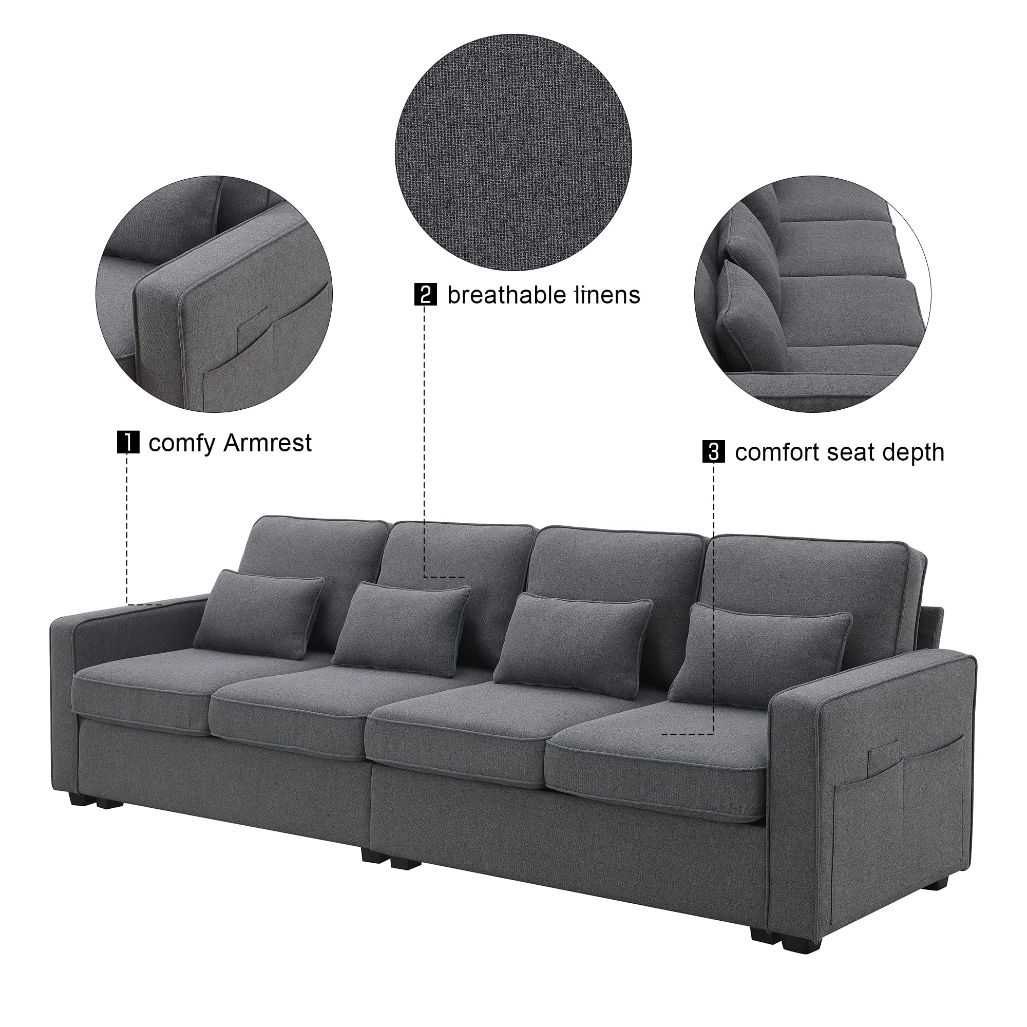 P PURLOVE Modern 4 Seater Sofa with Sturdy Plastic Legs, Modern Linen Fabric Sofa with Armrest Pockets and 4 Pillows, Minimalist Style Couch for Living Room, Apartment, Office (Dark Grey)