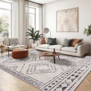 ILANGO Area Rugs 5x7, Moroccan Grey Rugs for Living Room Machine Washable Area Rugs Dedroom with Rubber Backing Non Slip Carpet for Farmhouse Dining Room, Ultra-Thin, Foldable, Easy Clean