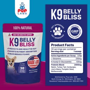 Pup Labs K9 Belly Bliss, All-Natural Gut Health for Dogs, Vet Approved Prebiotic for Dogs for Daily Digestive Support and Dog Constipation Relief, Easy to Use Topper for Dry and Wet Food, 30 Scoops.