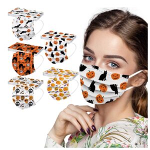 GOGCIAO Halloween Disposable Face Cover with Designs for Adults Women,3-Ply Pumkin Ghost Printed Pattern with Nose Wire,50Pcs