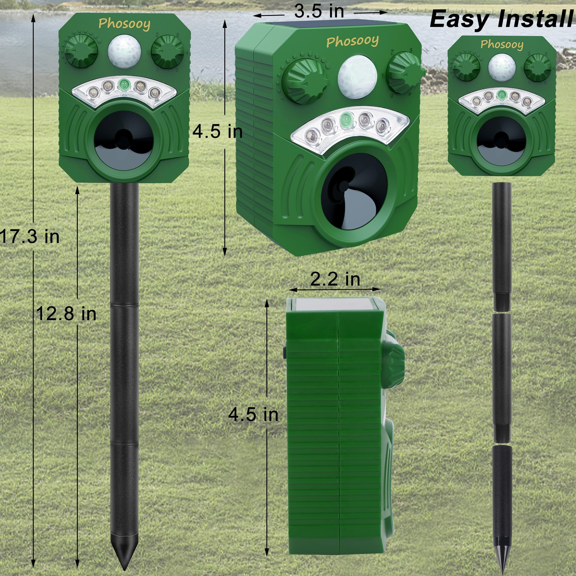 Phosooy 2 Packs Solar Ultrasonic Animal Repeller, Waterproof Mode-Adjustable Animal Deterrent Device with Flashing Strobe Lights to Repel Cats, Dogs, Squirrel, Rats, Skunks, Raccoons and Deer