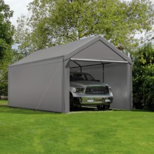 Carport 10x20 Ft Heavy Duty Canopy Steel Canopy Storage Shed,Portable Garage Party Tent,Portable Garage with Removable Sidewalls & Doors All-Season Tarp for Carport (Grey)