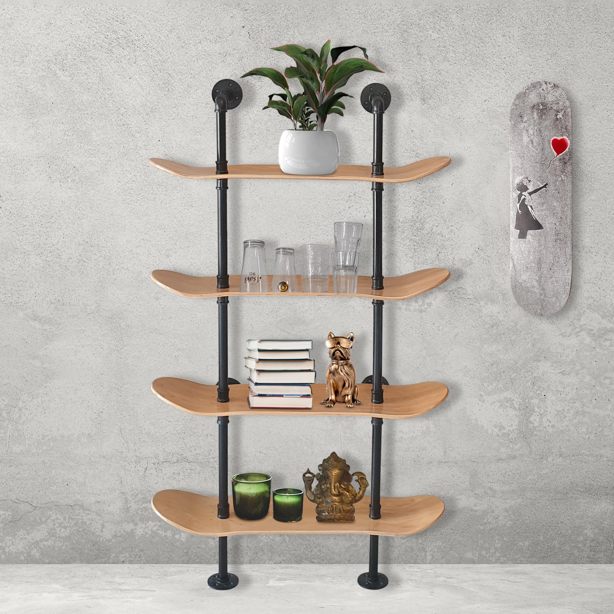 Industrial Shelves - 4 Tier Industrial Decor Pipe Bookcase Using 7 Ply Skateboard Decks - Natural Wood Stain Finish - Perfect Bathroom Wall Decor, Book Shelf for Skateboard Enthusiasts