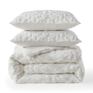 Peri Home 100% Cotton 3-Piece Duvet Cover and Sham Set, King, White Chenille Laurel