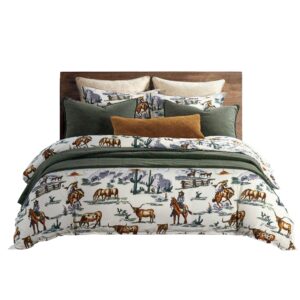 paseo road by hiend accents ranch life western bedding 3 piece queen duvet cover set, cotton cowboy longhorn horse print western bed set, rustic southwestern comforter cover set with pillow shams