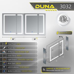 DECADOM LED Mirror Medicine Cabinet Recessed or Surface, Dimmer, Clock, Room Temp Display, Dual Outlets (Duna 30x32)