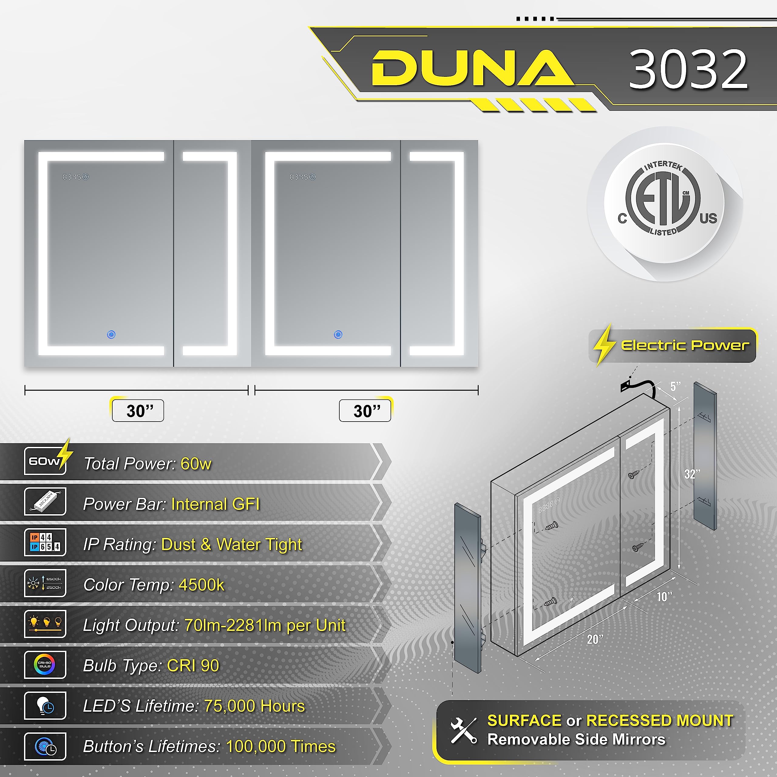 DECADOM LED Mirror Medicine Cabinet Recessed or Surface, Dimmer, Clock, Room Temp Display, Dual Outlets (Duna 30x32)